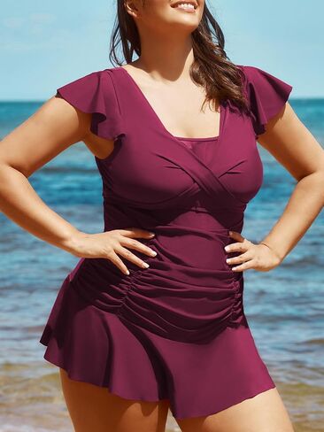 فستان سباحة نسائي من Summer Mae مقاس كبير قطعة واحدة مع كشكشة وأكمام قصيرة شبكية مجوفة مع تنورة in Kuwait