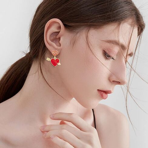 اقراط على شكل سهم على شكل قلب، اقراط على شكل قلب مطلية بالمينا الحمراء مع سهم، مجوهرات قلب من الزركونيا المكعبة لعيد الحب، هدية عيد ميلاد للنساء، مقاس M، زنك، مكعب زركونيا in Kuwait