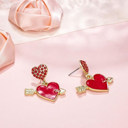 اقراط على شكل سهم على شكل قلب، اقراط على شكل قلب مطلية بالمينا الحمراء مع سهم، مجوهرات قلب من الزركونيا المكعبة لعيد الحب، هدية عيد ميلاد للنساء، مقاس M، زنك، مكعب زركونيا in Kuwait