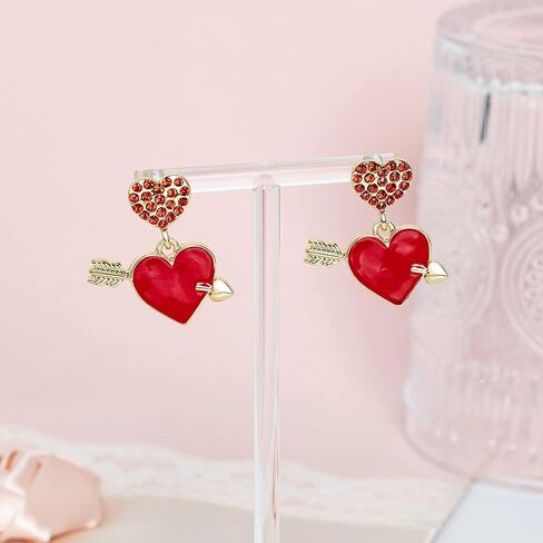 اقراط على شكل سهم على شكل قلب، اقراط على شكل قلب مطلية بالمينا الحمراء مع سهم، مجوهرات قلب من الزركونيا المكعبة لعيد الحب، هدية عيد ميلاد للنساء، مقاس M، زنك، مكعب زركونيا in Kuwait