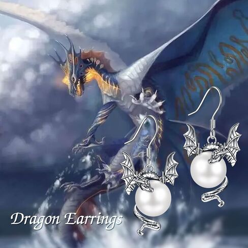 Dragon Earrings for Women 925 Sterling Silver Vintage Oxidized Dragon Pearl Dangle Earrings Jewelry Mother's Day Gifts for Women Girls in Kuwait