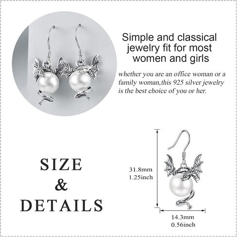 Dragon Earrings for Women 925 Sterling Silver Vintage Oxidized Dragon Pearl Dangle Earrings Jewelry Mother's Day Gifts for Women Girls in Kuwait
