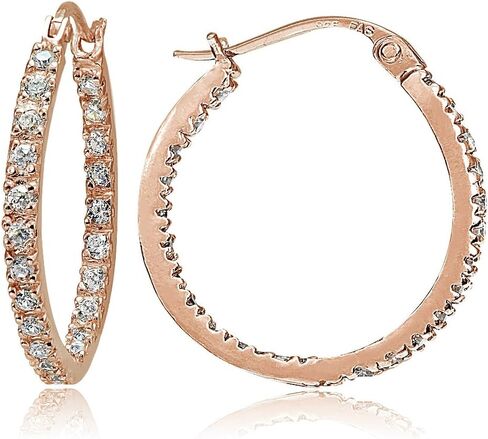Hoops & Loops 925 Sterling Silver Cubic Zirconia Inside Out 17mm, 20mm, 25mm Round Click-Top Hoop Earrings for Women Teen Girls, Silver, Rose & Yellow Gold in Saudi Arabia