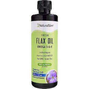 NaturalSlim Flax Oil - Flaxseed Oil Liquid Supplement with Omega 3 6 9 - Cold-Pressed Certified Organic Flax Seed Oil for Hair, Skin, Nails, Healthy Cells & Vegetable Oil for Cooking - 16 fl. Oz.