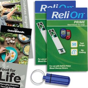 ReliOn Reli On Prime Blood Glucose Test Strips, 50 Ct Choice Bundle I Includes "Food for Life" Guide & Portable Pill Container (3 Items)!