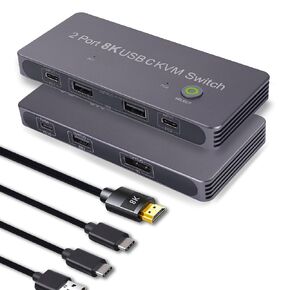 8K Type-C KVM Switch for 2 PC Share 2 Monitors, MST SST Mode KVM USB C Switcher Support HDMI and DP Monitor Output, Support Extend and Mirror Display Mode