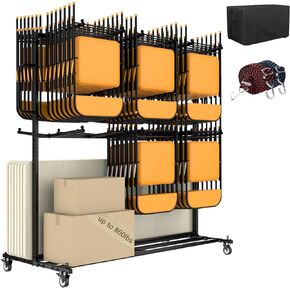 Folding Chair Rack,Two Tier Folding Chair Cart, 2-in-1 Folding Chair Storage Rack for 84 Folding Chairs, Heavy Duty Folding Table Cart 800Lbs Capacity with Locking Wheels,Outdoor Cover, Straps
