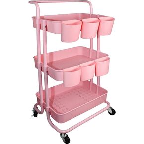 3 Tier Utility Storage Cart Rolling Cart Organizer Shelf with 6PCS Hanging Cups for Home Kitchen Office Storage (Black)