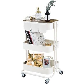 3-Tier Metal Utility Rolling Cart Storage Side End Table with Cover Board and Handle for Office Home Kitchen Organization, Black