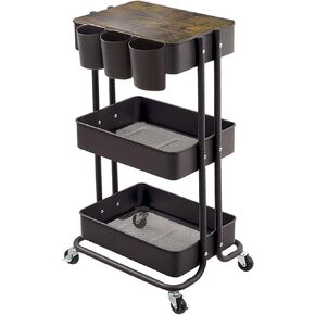3-Tier Metal Utility Rolling Cart Storage Side End Table with Cover Board and Handle for Office Home Kitchen Organization, Black