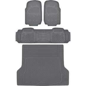 BDK OF-713 Diamond Grid Rubber Car Floor Mats, Universal Front & Rear Combo Set with Trunk Cargo Mat Liner for Car Sedan SUV Van, Heavy Duty All Weather Trim to Fit