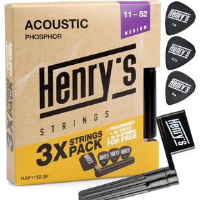 3 Pack Acoustic Guitar Strings 10-47 - Extra 3xE1 String & 3x Picks & String Winder - Phosphorus Bronze Acoustic Guitar Strings Light - 3x Acoustic Guitar Strings 6 String Set