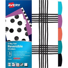 Avery Big Tab Reversible Fashion Dividers for 3 Ring Binders, 5 Tab Set, Black and White Pattern, 1 Set (24914)