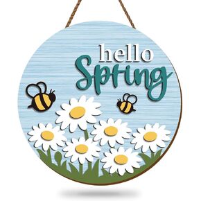 Hello Spring Wooden Hanging Sign Daisy Flower Bee Front Door Sign Seasonal Door Hanger Sign for Indoor Outdoor Farmhouse Home Porch Window Decor