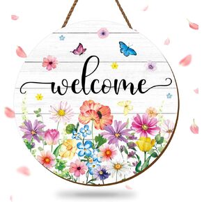 Spring Flower Welcome Door Sign Wildflower Wooden Hanging Sign Floral Butterfly Door Hanger Sign for Indoor Outdoor Farmhouse Home Porch Window Decor