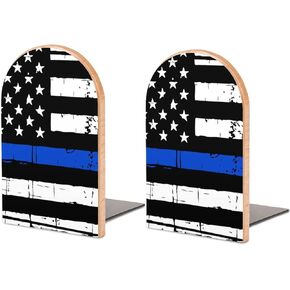 American Blue Line USA Police Stars Flag Pattern Wood Bookends Decorative Bookend Non-Skid Office Book Stand for Books Office Files Magazine, One Size, Wood style