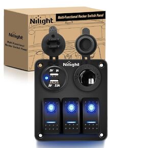 Nilight - 90115C 3 Gang Rocker Switch Panel Waterproof Pre-Wired Aluminum Switch Panel with Dual USB Charger Socket & Cigarette Lighter Socket 12V 24VDC ON Off Switch Panel for Cars Rvs Trucks