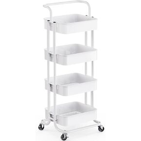 Pipishell 4 Tier Mesh Utility Cart, Rolling Metal Organization Cart with Handle and Lockable Wheels, Multifunctional Storage Shelves for Kitchen Living Room Office White, PIUC12W