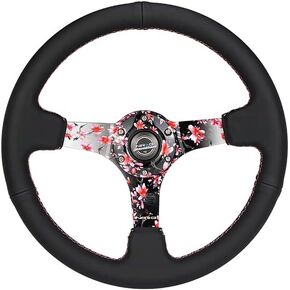 NRG Innovations NRG-RST-036SAK-R Reinforced Steering Wheel, Hydro Dipped Sakura Floral 3" Deep, 5mm Spoke, 350mm, Pink Suede with Black Baseball Stitching