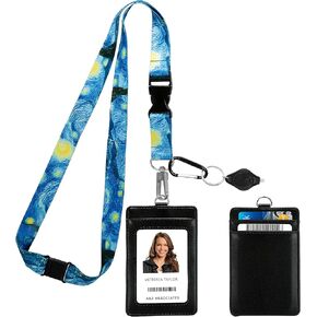 حبل قصير مطبوع عليه صورة فنسنت فان جوخ مع محفظة حامل شارة الهوية من جلد البولي يوريثان مع 3 جيوب للبطاقات، ومشبك أمان منفصل وبطاقة ملاحظات متطابقة. هدية من مصباح يدوي سلسلة المفاتيح Carabiner. in Kuwait