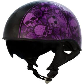 Hot Leathers HLD1039 Gloss Black Purple Skull Bouquet Advanced DOT Unisex Half Helmet with Drop Down Tinted Visor - Medium