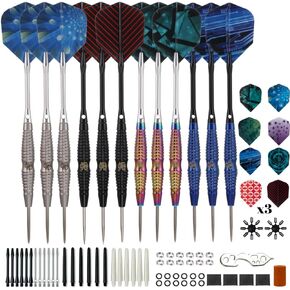 Darts Metal Tip Set - Steel Tip Darts Darts Set Professional Metal Darts 12 pcs 21 Grams Pro Dart Set with Rings Nylon Aluminum Shafts 24 Flights Darts Tool