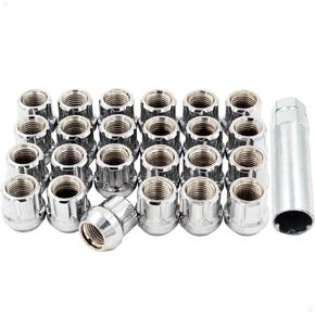 Wheel Accessories Parts Chrome Lug Nut Kit Set of 32 M14x1.5 Lug Nuts Spline Open End Bulge Acorn M14x1.50 Thread 1.00"(25.4mm) Length Wheel Lug Nuts with Key, fits Silverado, GMC, Ford, Chevy