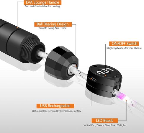 حبل القفز LED، حبل القفز المضيء، حبل القفز المتغير اللون لعرض الضوء، قابل للشحن عبر USB، مقبض إسفنجي مريح، متعدد الألوان، حجم عالمي للأطفال والكبار in Kuwait