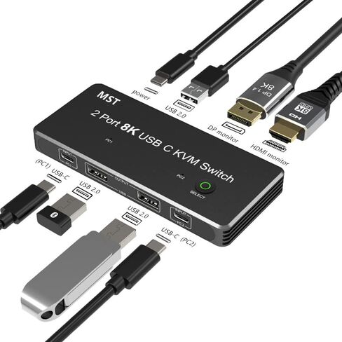 8K Type-C KVM Switch for 2 PC Share 2 Monitors, MST SST Mode KVM USB C Switcher Support HDMI and DP Monitor Output, Support Extend and Mirror Display Mode in Saudi Arabia