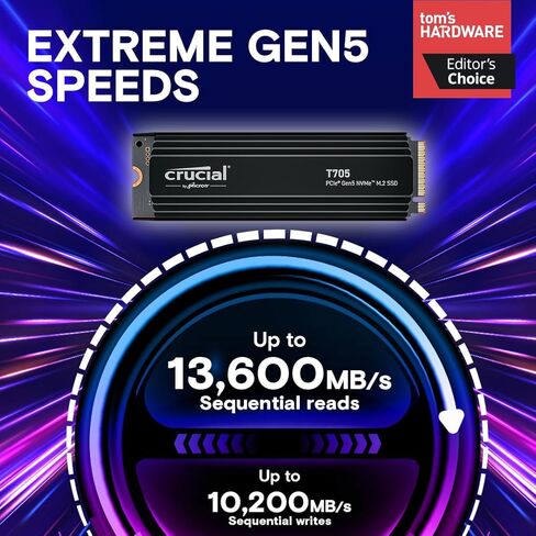 Crucial New 2024 T705 4TB PCIe Gen5 NVMe M.2 SSD - ما يصل إلى 14,100 ميجابايت/ثانية - جاهز للعبة - محرك أقراص الحالة الصلبة الداخلي (كمبيوتر شخصي) - +1 شهر Adobe CC - CT4000T705SSD3 in Kuwait