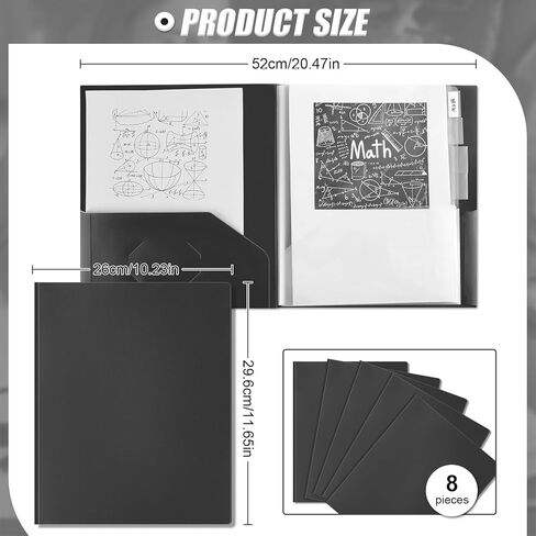 8 قطع 10 مجلدات جيوب من البلاستيك القوي متعدد الجيوب مجلد بحجم حرف ورقي منظم مشروع المستندات للمدرسة والمكتب واجتماعات العمل (أسود) in Kuwait