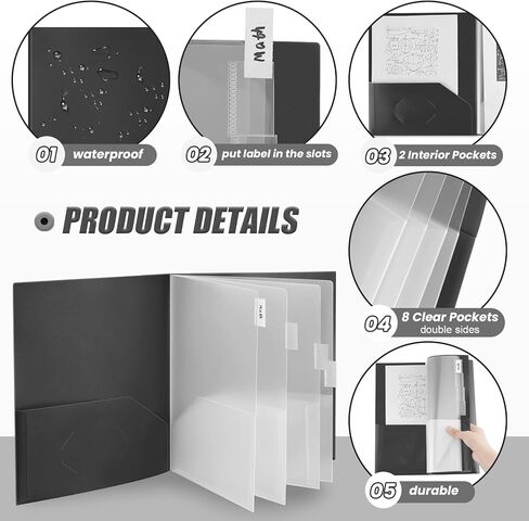 8 قطع 10 مجلدات جيوب من البلاستيك القوي متعدد الجيوب مجلد بحجم حرف ورقي منظم مشروع المستندات للمدرسة والمكتب واجتماعات العمل (أسود) in Kuwait