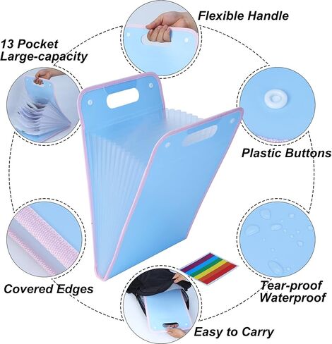 Portable Vertical Expanding Accordion Folder with 13 Pockets, Large Capacity File Organizer Bag A4 Letter Size (Pink) in Saudi Arabia