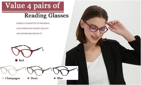 نظارات قراءة عين القطة من EYEURL مكونة من 4 قطع للنساء - قارئات تحجب الضوء الأزرق مع مفصلات زنبركية، نظارات قراءة مضادة للوهج/الأشعة فوق البنفسجية، 1.5 in Kuwait
