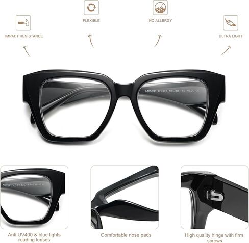 نظارات قراءة مربعة عصرية من أمموما للنساء، قارئات كمبيوتر للسيدات تحجب الضوء الأزرق بإطار أسود AM6091 in Kuwait