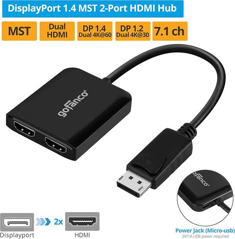 gofanco DisplayPort 1.4 MST Hub إلى 2 منفذ HDMI يعرض - DP إلى شاشات HDMI المزدوجة، وضع العرض الممتد، حتى 4K @60 هرتز، لأجهزة الكمبيوتر التي تعمل بنظام Windows، غير متوافق مع نظام التشغيل Mac OS (DP14MST2HDv2) in Kuwait