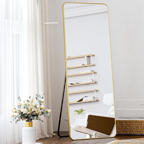 Koonmi Arched Full Length Mirror with Stand, 65"x24" Full Body Mirrors, Floor Mirror with Aluminum Frame, Wall Mirror Hanging or Leaning for Bedroom, Living Room, Dressing Room, Gold in Kuwait