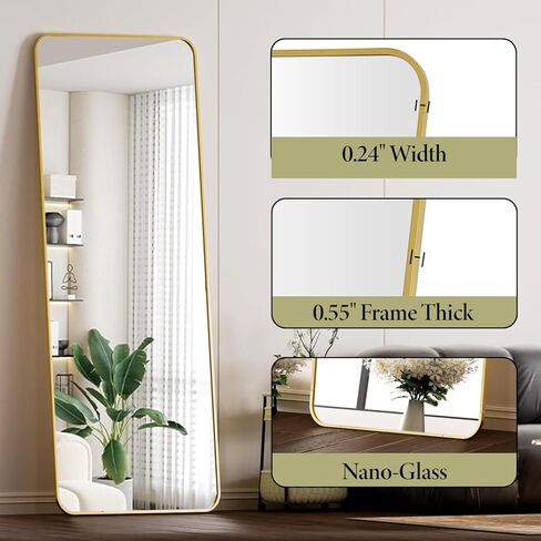 Koonmi Arched Full Length Mirror with Stand, 65"x24" Full Body Mirrors, Floor Mirror with Aluminum Frame, Wall Mirror Hanging or Leaning for Bedroom, Living Room, Dressing Room, Gold in Kuwait