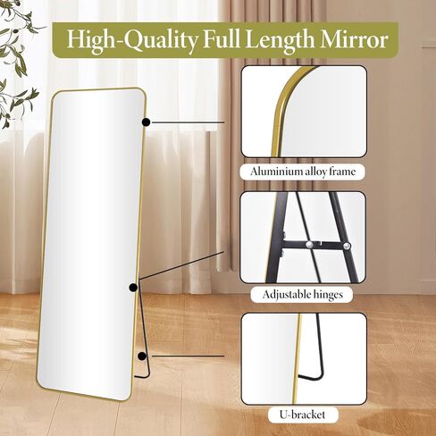 Koonmi Arched Full Length Mirror with Stand, 65"x24" Full Body Mirrors, Floor Mirror with Aluminum Frame, Wall Mirror Hanging or Leaning for Bedroom, Living Room, Dressing Room, Gold in Kuwait