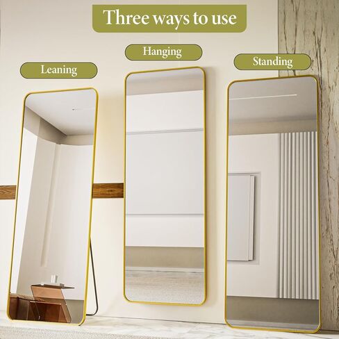 Koonmi Arched Full Length Mirror with Stand, 65"x24" Full Body Mirrors, Floor Mirror with Aluminum Frame, Wall Mirror Hanging or Leaning for Bedroom, Living Room, Dressing Room, Gold in Kuwait