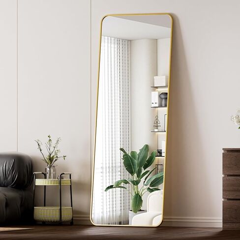 Koonmi Arched Full Length Mirror with Stand, 65"x24" Full Body Mirrors, Floor Mirror with Aluminum Frame, Wall Mirror Hanging or Leaning for Bedroom, Living Room, Dressing Room, Gold in Kuwait
