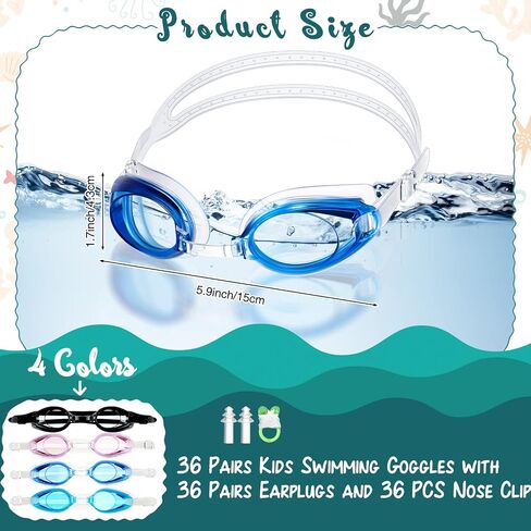 Hoteam 36 زوجًا من نظارات السباحة للأطفال مانعة للتسرب ومضادة للضباب نظارات سباحة ذات رؤية واسعة مع سدادات أذن ومشبك أنف للشباب والأطفال والمراهقين من عمر 6 إلى 14 عامًا، 4 ألوان in Saudi Arabia