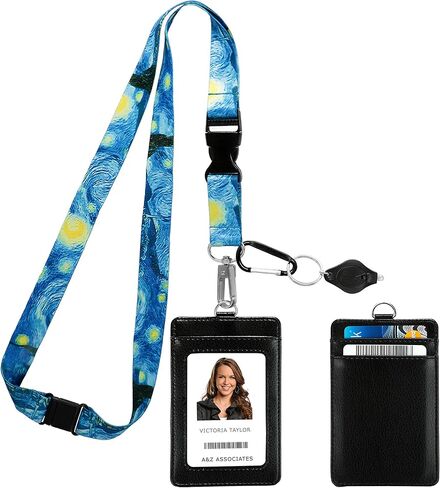حبل قصير مطبوع عليه صورة فنسنت فان جوخ مع محفظة حامل شارة الهوية من جلد البولي يوريثان مع 3 جيوب للبطاقات، ومشبك أمان منفصل وبطاقة ملاحظات متطابقة. هدية من مصباح يدوي سلسلة المفاتيح Carabiner. in Kuwait