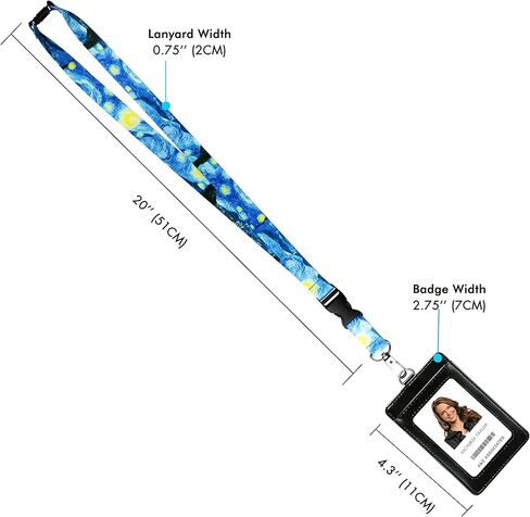 حبل قصير مطبوع عليه صورة فنسنت فان جوخ مع محفظة حامل شارة الهوية من جلد البولي يوريثان مع 3 جيوب للبطاقات، ومشبك أمان منفصل وبطاقة ملاحظات متطابقة. هدية من مصباح يدوي سلسلة المفاتيح Carabiner. in Kuwait