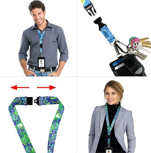 حبل قصير مطبوع عليه صورة فنسنت فان جوخ مع محفظة حامل شارة الهوية من جلد البولي يوريثان مع 3 جيوب للبطاقات، ومشبك أمان منفصل وبطاقة ملاحظات متطابقة. هدية من مصباح يدوي سلسلة المفاتيح Carabiner. in Kuwait