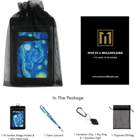 حبل قصير مطبوع عليه صورة فنسنت فان جوخ مع محفظة حامل شارة الهوية من جلد البولي يوريثان مع 3 جيوب للبطاقات، ومشبك أمان منفصل وبطاقة ملاحظات متطابقة. هدية من مصباح يدوي سلسلة المفاتيح Carabiner. in Kuwait