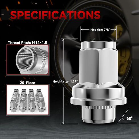 20 قطعة من صواميل العروة المصنوعة من الكروم مقاس 14 × 1.5 - مقعد ماج - بطول 1.77 بوصة بطول 7/8 بوصة من نوع OEM السداسي لسيارة سيكويا لاندكروزر تندرا لكزس LX470 LX480 in Kuwait