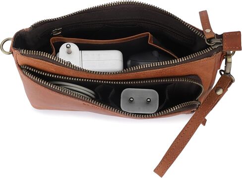 Leather Cord Organiser Pouch Portable Tech Bag with 3 Zipper Closure Electronic Organizer Travel Case (Tan) in Saudi Arabia
