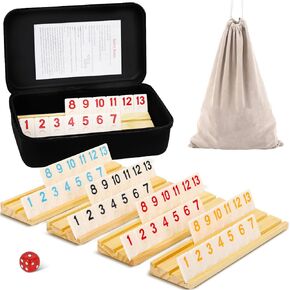 2-8 Players Rummy Game with 8 Wooden Racks, 214 Melamine Tiles, Premium Portable Case, Tile Board Games for Adults, Travel, Easter Bastket Stuffers, Easter Gifts for Men Women Dad Mom