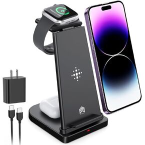 3 في محطة شحن واحدة لجهاز Apple ، شاحن لاسلكي لـ iPhone 16 15 14 13 12 11 Pro Max & Apple Watch Iwatch- شحن Dock لـ AirPods (أبيض)